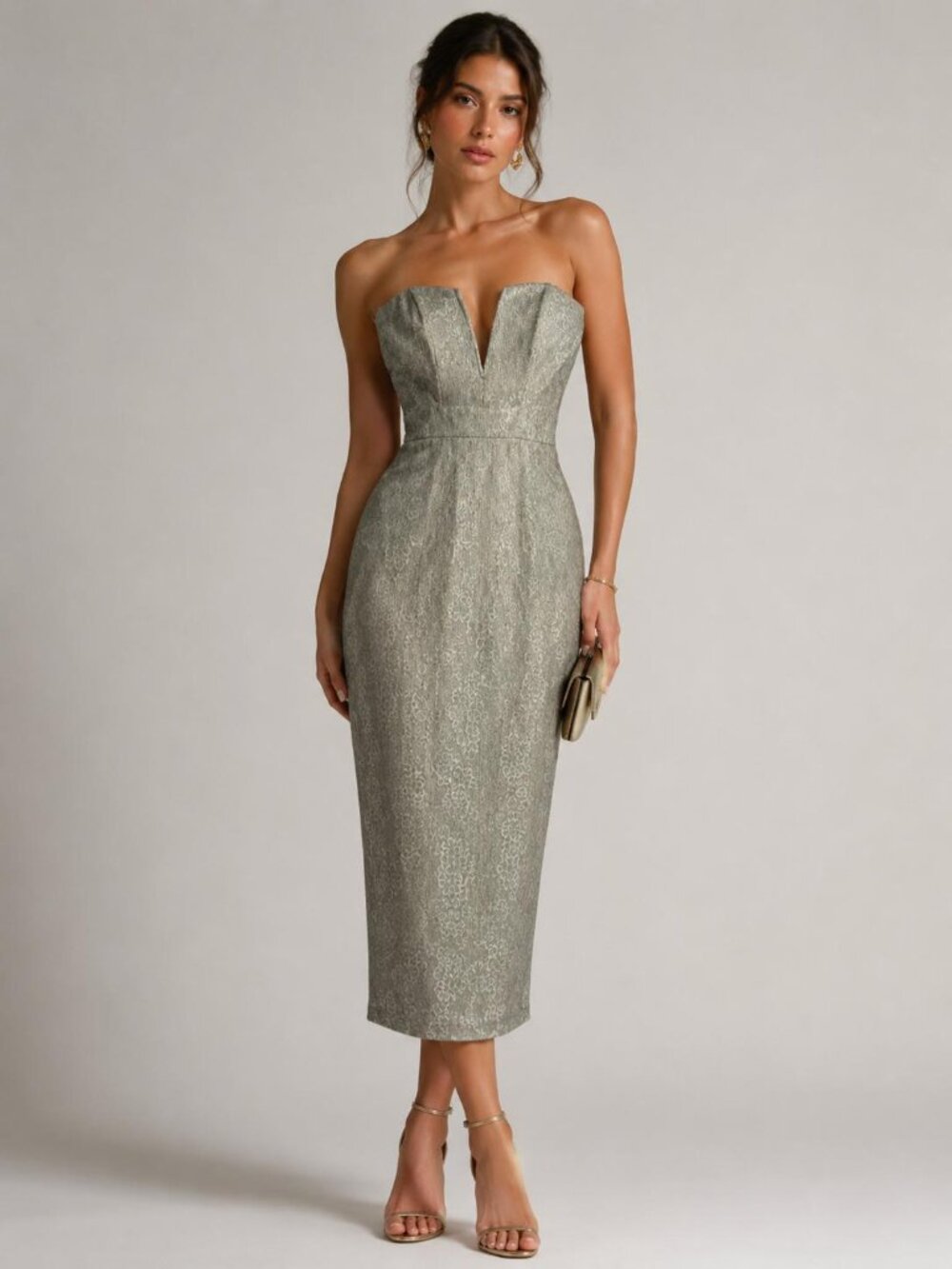 Akira Red Label Vintage Jacquard Strapless Dress Bodycon Metallic Shimmer Lace